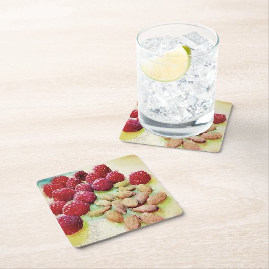 Picnic Snack Raspberries Almonds Waterverf Kartonnen Onderzetters (Insitu)