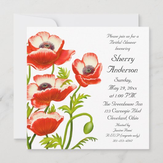 Picotee Red Poppy Flowers Bridal Shower Invitation Kaart (Voorkant)
