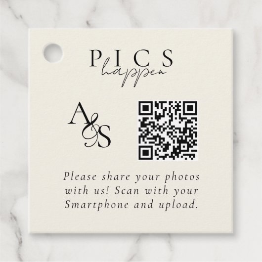 Pics gebeuren! Foto, QR-code, bruiloft Bedankjes Labels (Voorkant)