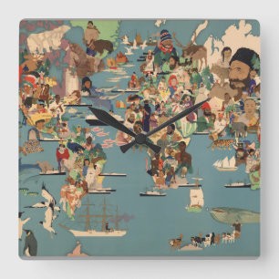 Pictografische kaart van de wereld vierkante klok