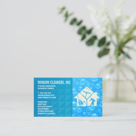 Pictogram schoonmaakservices | Blauwe zeepbellen Visitekaartje (Staand voorkant)