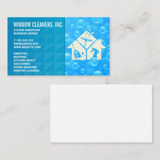 Pictogram schoonmaakservices | Blauwe zeepbellen Visitekaartje (Voorkant / Achterkant)