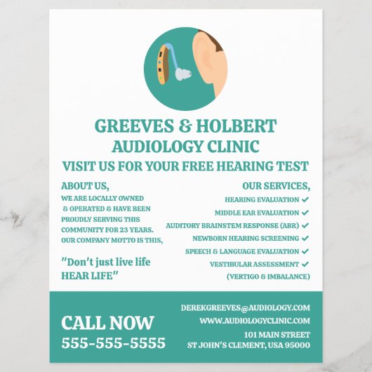 Pictogram voor gehoorhulp, audioloog, klinische au flyer (Voorkant)