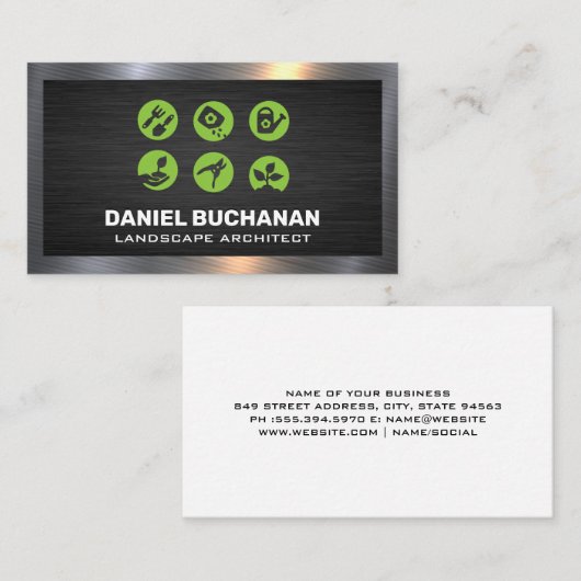 Pictogrammen van tuiniergereedschap | Metaalgrens Visitekaartje (Voorkant / Achterkant)