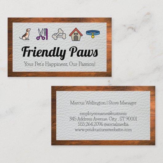 Pictogrammen voor dierenverzorging | Leer en hout Visitekaartje (Voorkant / Achterkant)