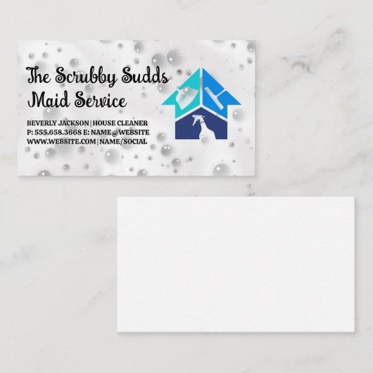 Pictogrammen voor schoonmaakservice | zeepbellen visitekaartje (Voorkant / Achterkant)