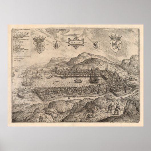  Pictorial Map of Bergen Norway (1588) Poster (Voorkant)