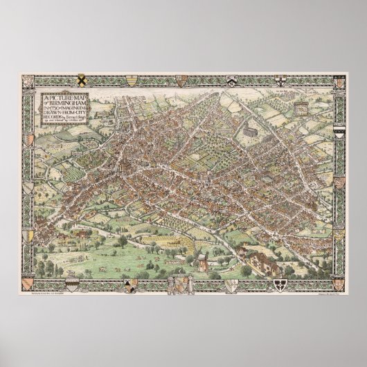 Pictorial Map of Birmingham England (1923) Poster (Voorkant)