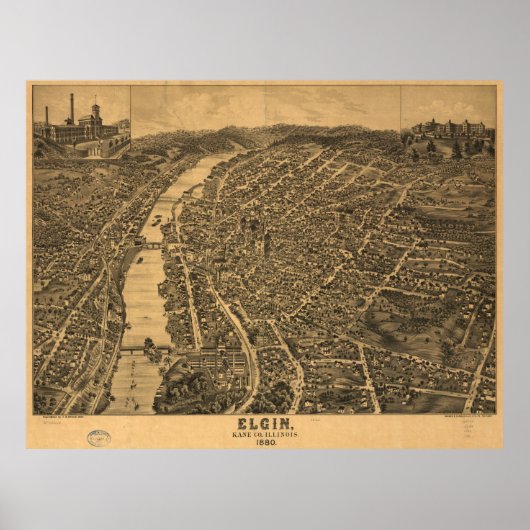 Pictorial Map of Elgin Illinois (1880) Poster (Voorkant)