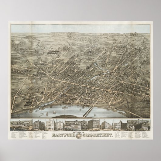  Pictorial Map of Hartford CT (1877) Poster (Voorkant)