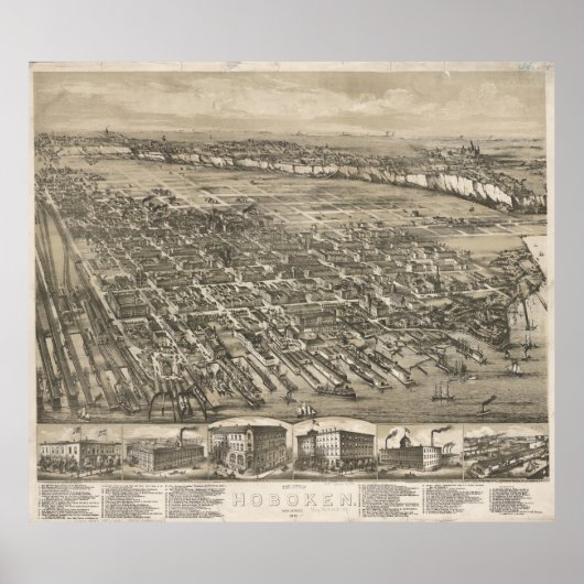  Pictorial Map of Hoboken NJ (1881) Poster (Voorkant)