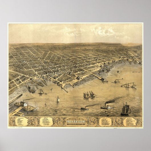  Pictorial Map of Muskegon Michigan (1868) Poster (Voorkant)