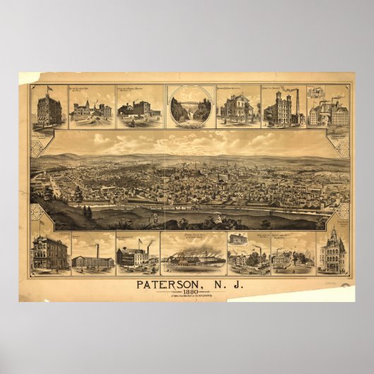 Pictorial Map of Paterson NJ (1880) Poster (Voorkant)