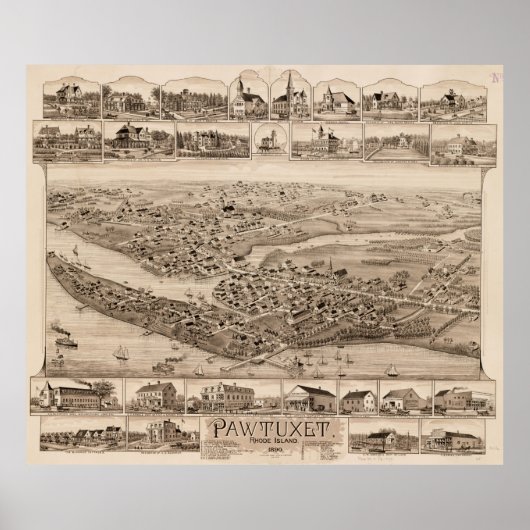 Pictorial Map of Pawtuxet RI (1890) Poster (Voorkant)