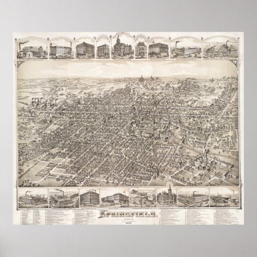 Pictorial Map of Springfield Ohio (1884) Poster (Voorkant)