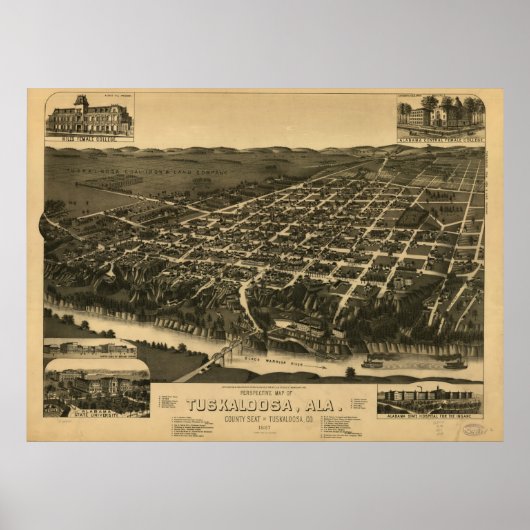  Pictorial Map of Tuscaloosa Alabama (1887) Poster (Voorkant)