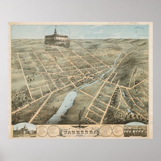 Pictorial Map of Waukesha Wisconsin (1874) Poster (Voorkant)