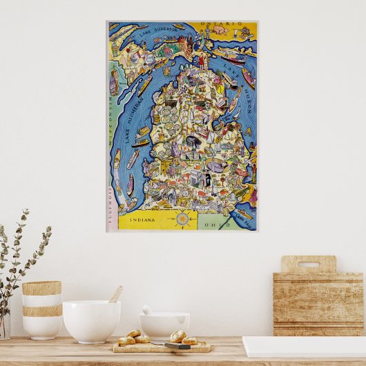 Pictorial Michigan Map uit 1930 Poster (Keuken)