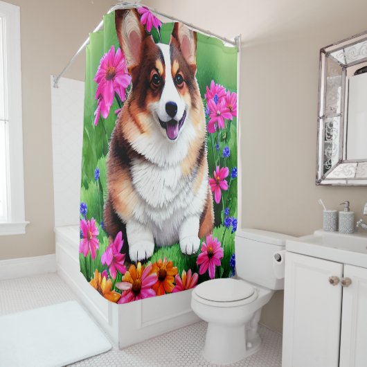Picturesque Floral Corgi Douchegordijn (In situ)