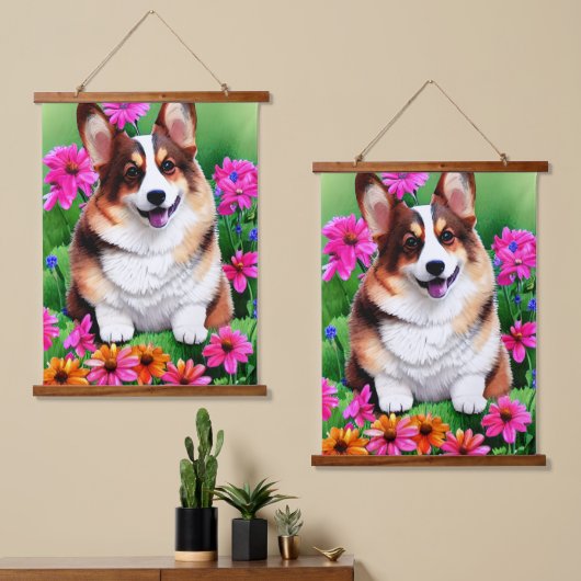 Picturesque Floral Corgi Hangend Wandkleed (Asymmetrisch)