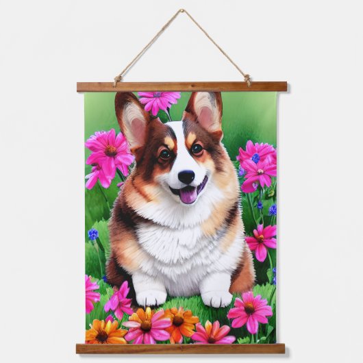 Picturesque Floral Corgi Hangend Wandkleed (Voorkant 2)