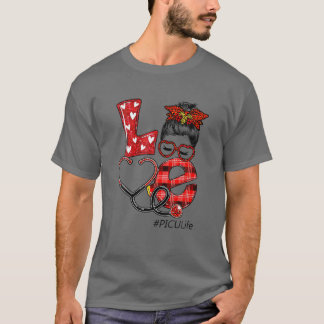 PICU Nurse Pset Leopard Love Heart Messy Bun RN N T-shirt