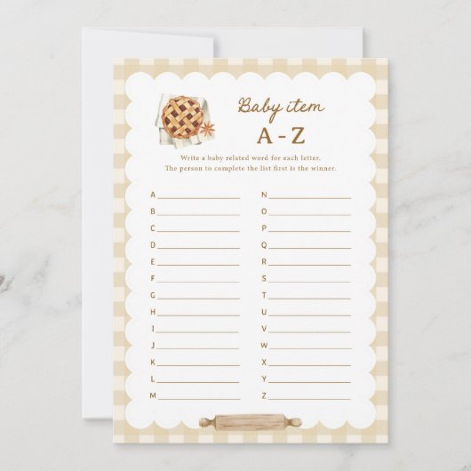 Pie Baby shower Baby Item A-Z Alfabet Game Kaarten (Voorkant)