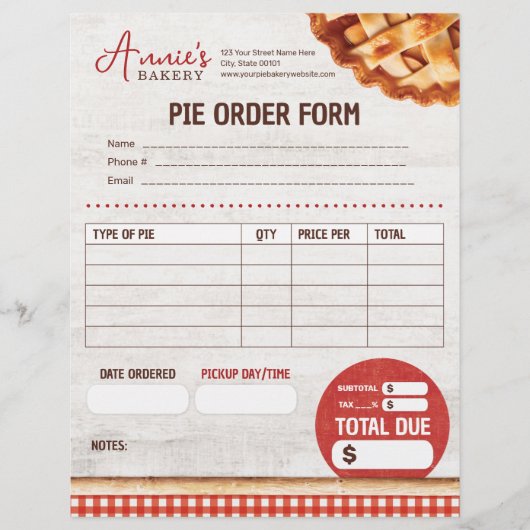 Pie voor Bakkerij Custom Order Formulier (Voorkant)