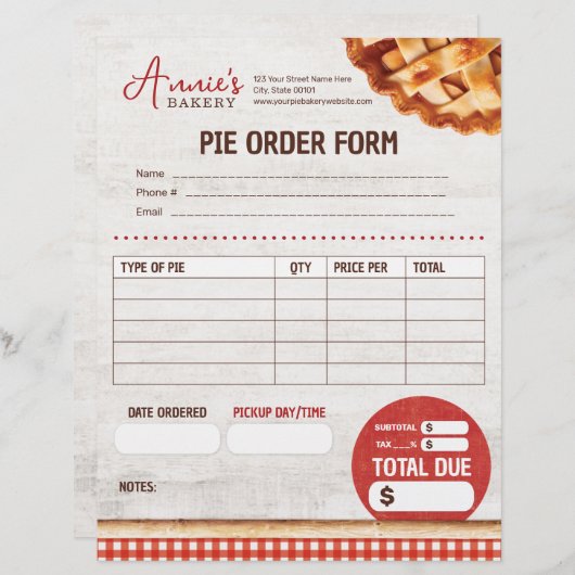 Pie voor Bakkerij Custom Order Formulier (Voorkant / Achterkant)