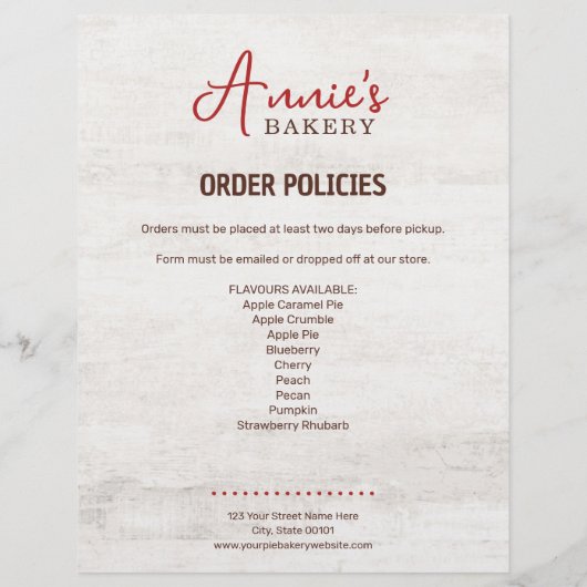 Pie voor Bakkerij Custom Order Formulier (Achterkant)