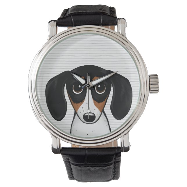 Piebald Dachshund Schattigee Cartoon Puppy Dog Horloge (Voorkant)