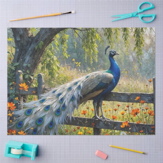 Piebald Peacock on Split rail fence Tissuepapier (Craft)