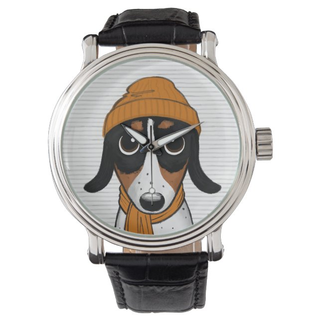 Piebald Teckel Schattige Hipster Hondenhorloge Horloge (Voorkant)