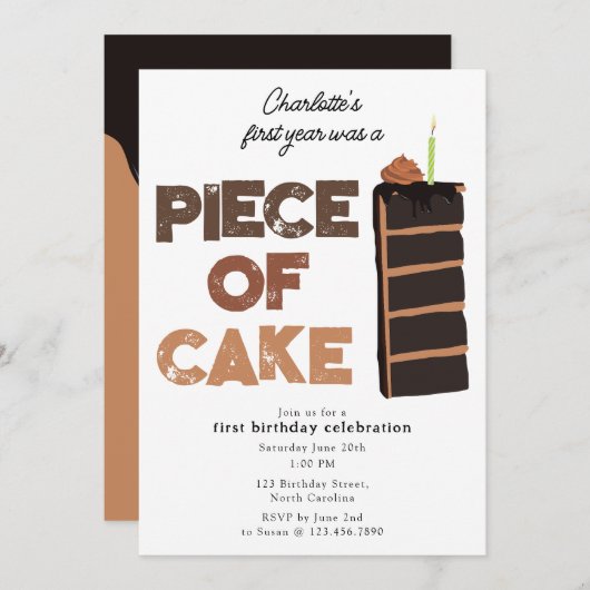 Piece of Cake Invite 1st  First Birthday Cute Kaart (Voorkant / Achterkant)