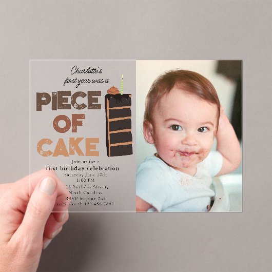 Piece of Cake Invite 1st First Birthday Photo Acryl Uitnodigingen (Insitu (Draagbaar))