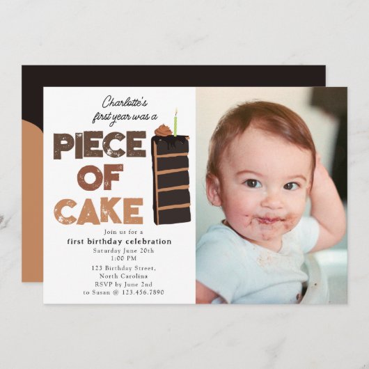 Piece of Cake Invite 1st  First Birthday Photo Kaart (Voorkant / Achterkant)