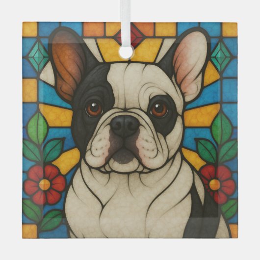 Pied Franse Bulldog "Glas in lood" Glas Ornament (Voorkant)