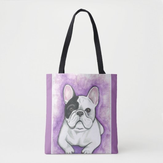 Pied French Bulldog paarse canvas tas (Voorkant)