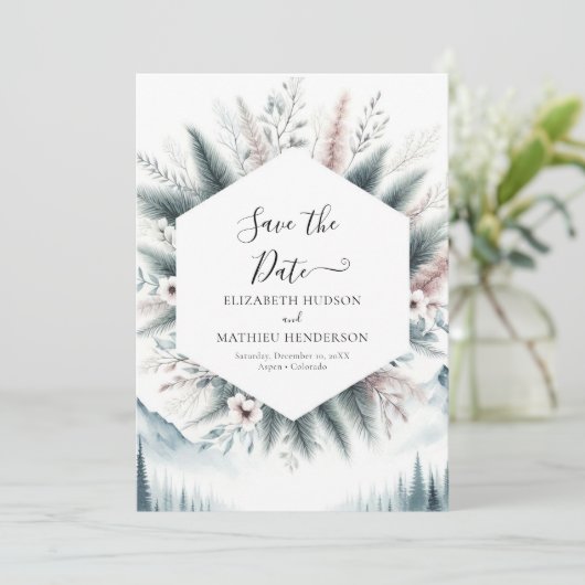 Piek minimalistische berg bruiloft save the date (Staand voorkant)