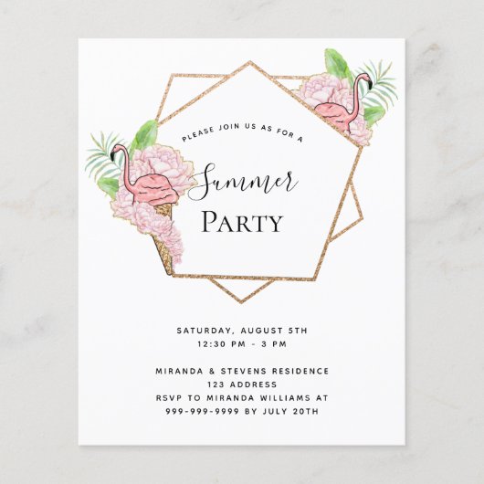 Piekbudget zomerpartij roze flamingo flyer (Voorkant)