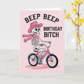 Piep Beep Verjaardag Funny Pink Skeleton Bike Kaart (Gele Bloem)