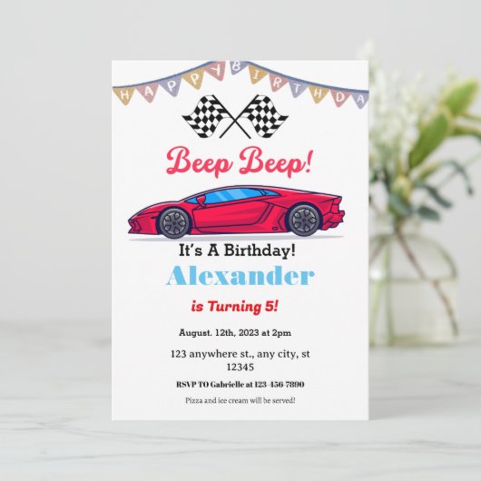 Piep Piep Rode Race Auto Verjaardag Kaart (Staand voorkant)