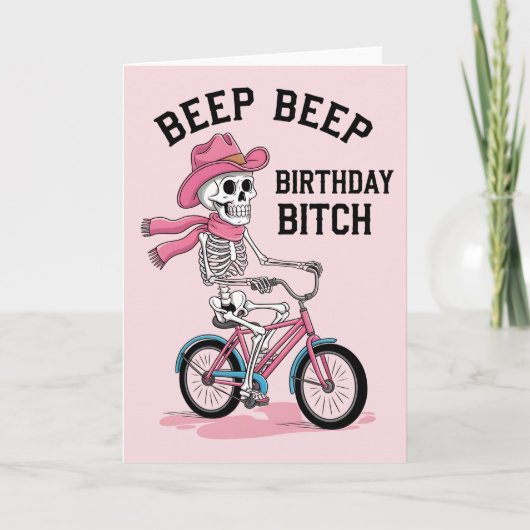 Piep Piep Verjaardag Grappig Roze Skelet Fiets Kaart (Voorkant)