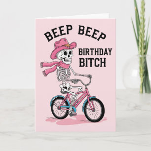Piep Piep Verjaardag Grappig Roze Skelet Fiets Kaart