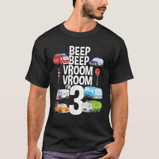 Piep Vroom I m 3 Vrachtwagens Thema Verjaardagscad T-shirt (Voorkant)