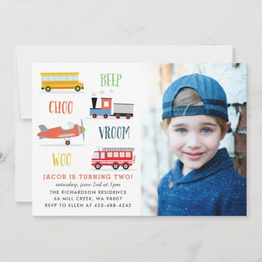 Piep vroom woo foto verjaardagsfeestuitnodiging kaart (Voorkant)