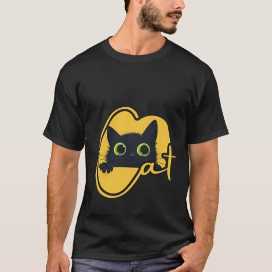 Piepende Zwarte Kat: Groot Groen Ogen Kattenontwer T-shirt (Voorkant)