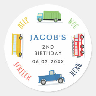 Piepschreeuw blauw vrachtwagen verjaardagsfeestje ronde sticker