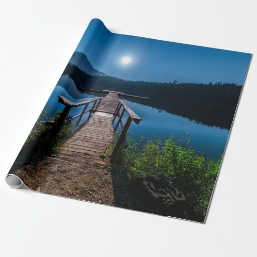 Pier bij nacht onder een volle maan cadeaupapier (Uitgerold)