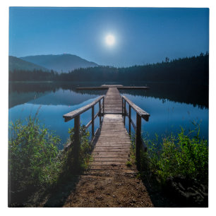 Pier bij nacht onder een volle maan tegeltje